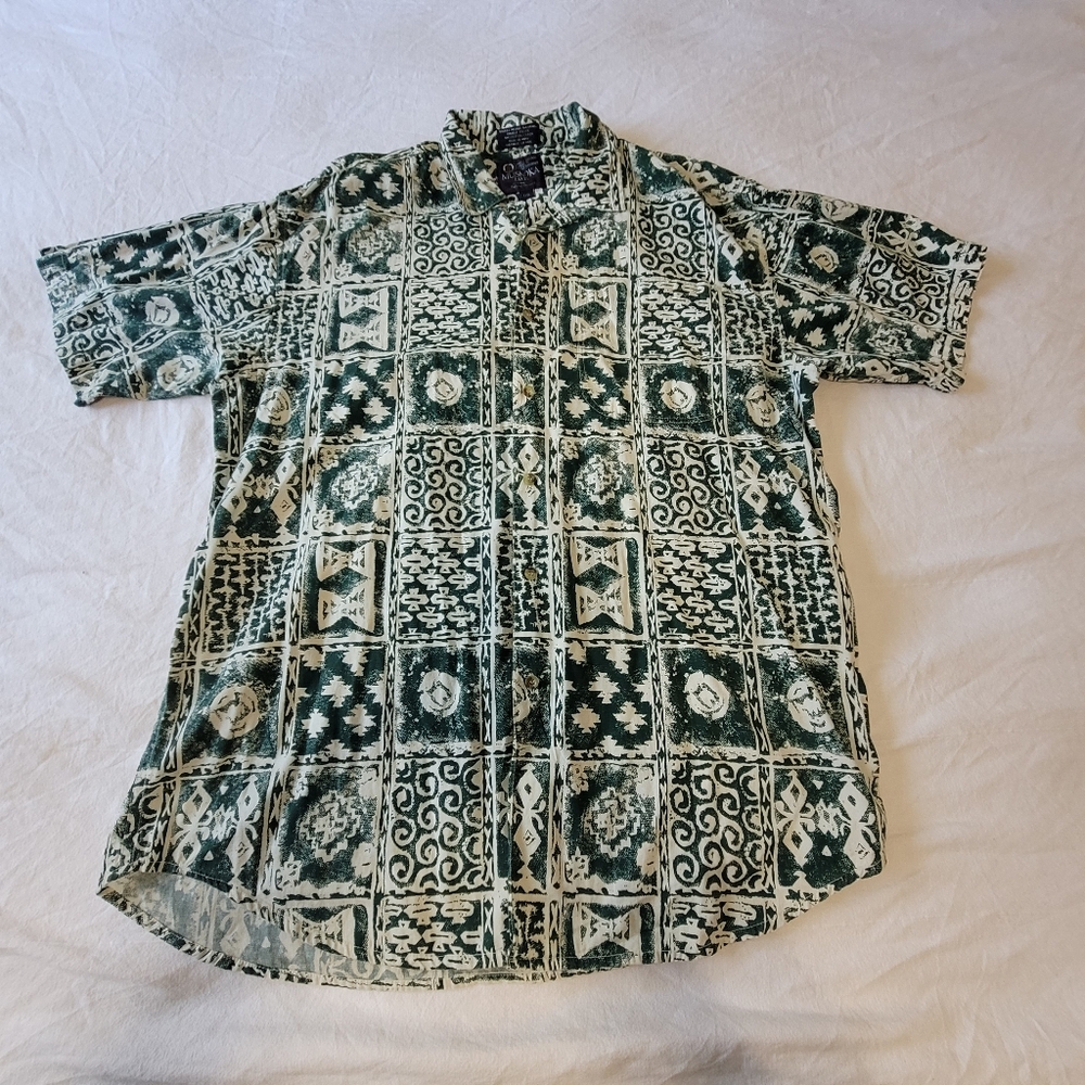 Muskoka Lakes Mens Large Hawaiian Shirt Short Sleeve Green Relaxed Cotton